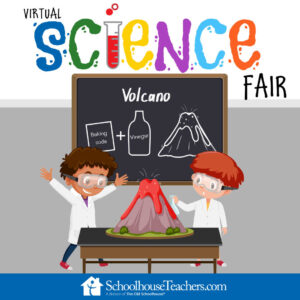 Virtual Science Fair; clipart of children building a volcano