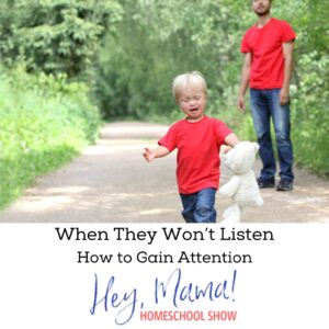 Hey, Mama! Homeschool Show When They Won't Listen - How to Gain Attention photograph of small boy wearing red with teddy bear crying